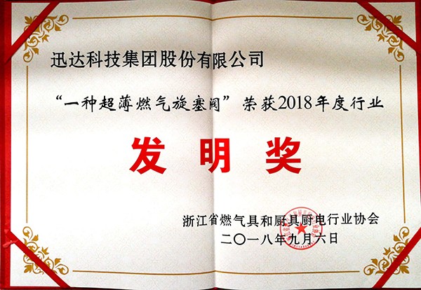 “ 一種超薄燃?xì)庑y ” 榮獲2018年度行業(yè)發(fā)明獎